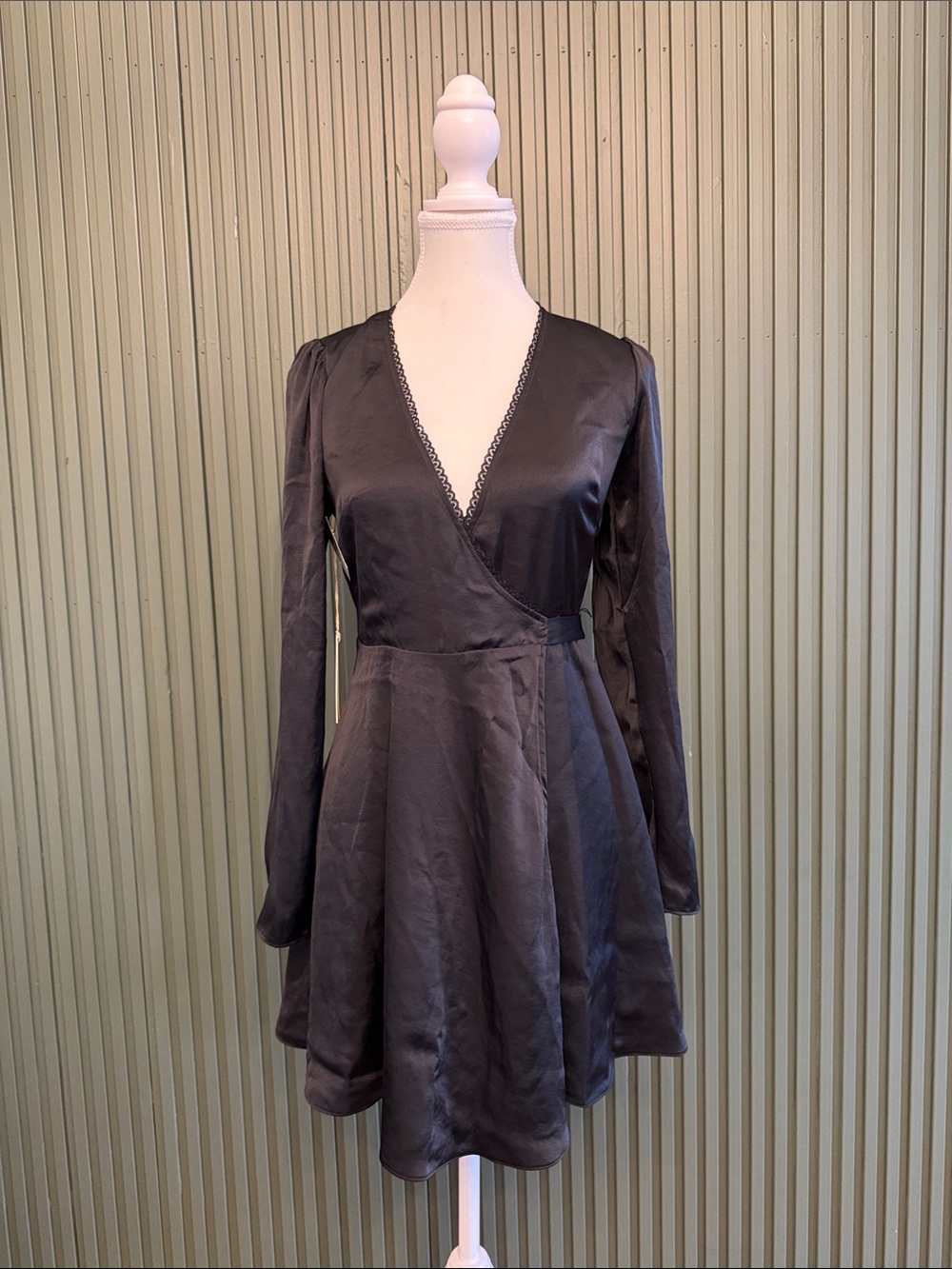 Wilfred Black Satin Wrap Long-Sleeve Mini Dress